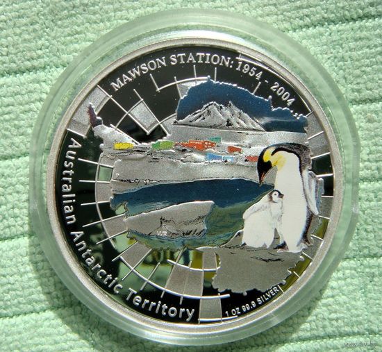 1 доллар 2004 Австралия. Австралийские антарктические территории. Станция MAWSON 1954-2004. Юбилей Пингвины Серебро 999
