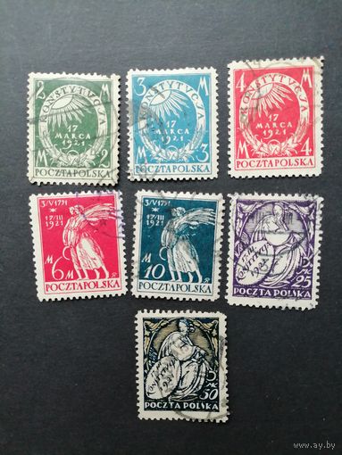 Польша 1921 Полная серия марок "Введение мартовской версии конституции Польши. Символические представления" (гашение, наклейки и следы от них) Mi.164-170 каталог 10.00 евро