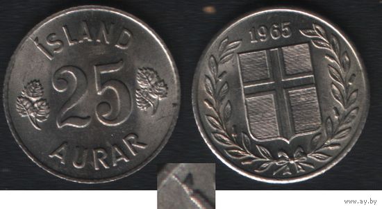 Исландия km11 25 эйре 1965 год (алб.albI-l брак разрыв штампа