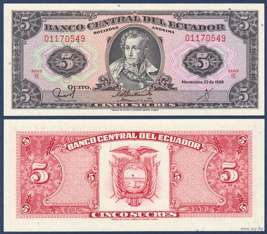 Эквадор, 5 сукре 1988 г., P-113d(5) (IE, правитель Антонио Хосе Сукре), UNC