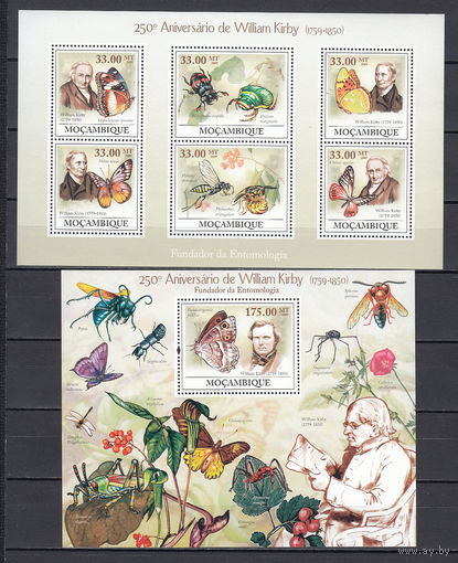 Фауна. Бабочки и насекомые. Мозамбик. 2009. Малый лист и 7 блоков. 2 скана. Michel N 3399-3404, бл279 (- е)