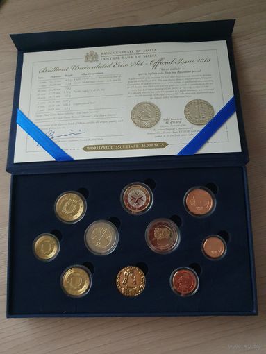 Официальный набор монет евро 2013 года Мальты регулярного чекана 1, 2, 5, 10, 20, 50 центов, 1 и 2 евро и 2 евро Собственное правительство. BU