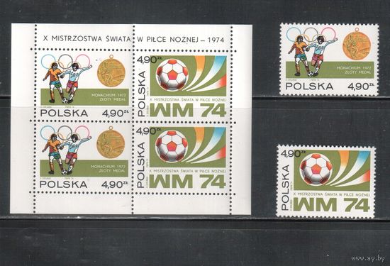 Польша-1974,(Мих.2315-2316,БЛ.59) , ** , Спорт, ОИ-1972, Футбол (полная серия),