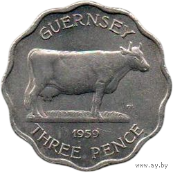 БЕЙЛИВИК ГЕРНСИ. 3 ПЕННИ ПЕНСА 1959. ФАУНА. ГЕРНСИЙСКАЯ КОРОВА. ТОЛСТЫЙ ТИП.