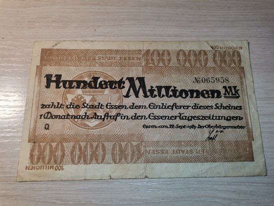 100 миллионов марок 1923 года, Эссен,  Германия.