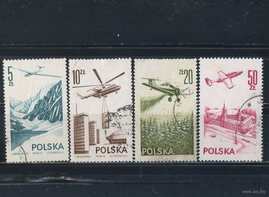 Польша ПНР 1976-8 Современная авиация Планер Янтарь Вертолет Ми 6 Самолет PZL 106 Ворон над лесом Самолет TS-11 Искра над Королевским дворцом в Варшаве Полная #2437-8,2484,2540