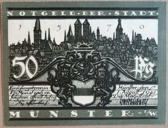 Германия 50 пфеннигов 1921 г Мюнстер (Munster) 916.1, вар.3 aUNC