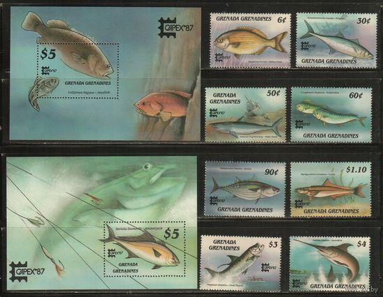 Гренада-Гренадины-1987(Мих.892-899,Бл.135-136) , **  , Морская  Фауна,  Рыбы(полная серия)