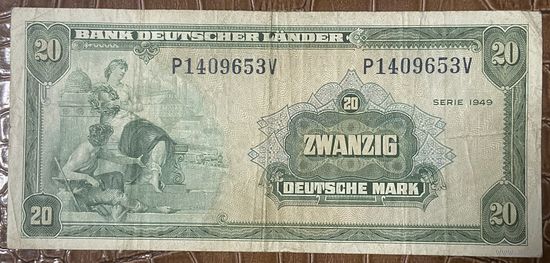 Банкнота 20 марок 1949 год. ФРГ