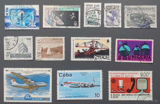 Марки. Сборный лот на тему "Самолёты, автомобили, корабли, техника" (12 марок)