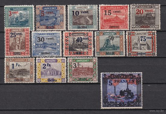 6.DS. Германия. Саар. Местные мотивы. Надпечатка нового номинала. 1921 г. Полная серия. Mi.##70A-83(*). Описание.