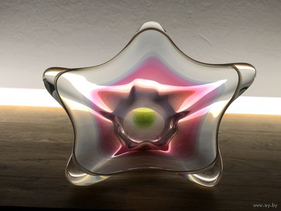 Ваза для фруктов цветное стекло Чехия винтаж 34см