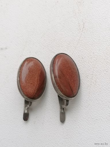 Серьги, серебро, камень - авантюрин, торги с Рубля