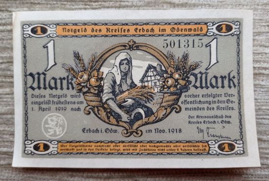 Werty71 Германия 1 марка 1918 Оденвальд aUNC банкнота