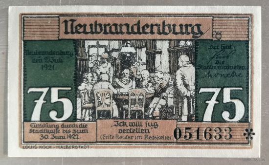Германия, нотгельды, 75 пфеннигов 1921 год, Нойбранденбург (Neubrandenburg)