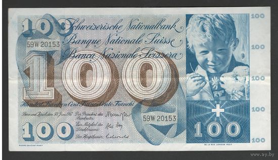 Швейцария 100 франков 1967 года. Тип Р-49. Состояние ХF+