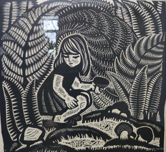 Линогравюра "Белый гриб" Поплавский 1990г.