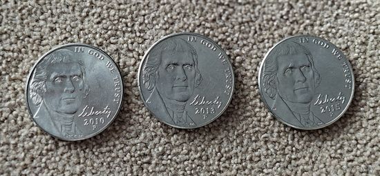 США 5 центов, 2010P, 2012P, 2015P Джефферсон Никель aUNC