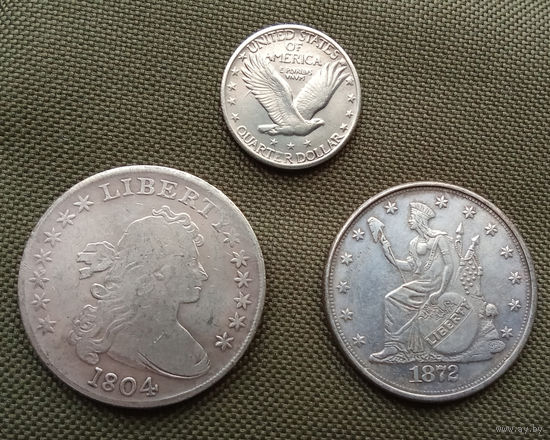 USA США Квотер 1917 + доллар 1804 + торговый доллар 1872 одним лотом ( Копии )