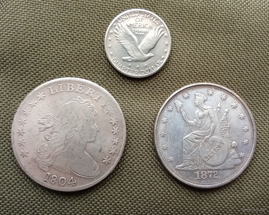 USA США Квотер 1917 + доллар 1804 + торговый доллар 1872 одним лотом ( Копии )