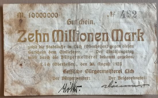 Германия 10 миллионов марок 1923 год, гор. Лихь (LICH),