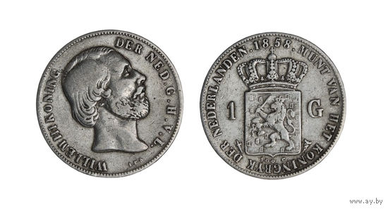 Шикарная монета Нидерланды 1 гульден 1858 год Виллем III - Серебро - В коллекцию Много лотов с рубля Лот 4