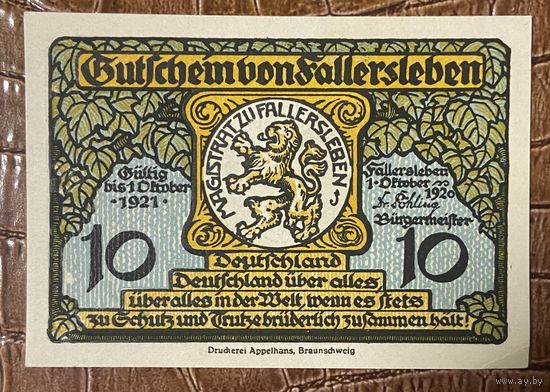 Нотгельд 10 пфеннигов 1920 год. Фаллерслебен. Веймарская республика
