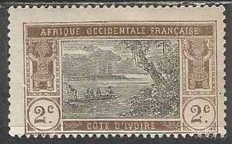 Кот д'Ивуар. Эбрис-лагуна. Каноэ. 1913г. Mi#42. Жёлтая бумага.