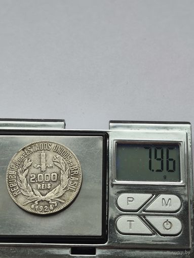 2000 реалов Бразилия 1924 года, Первая Республика (1889 - 1942). Серебро 500 пробы. L45552.