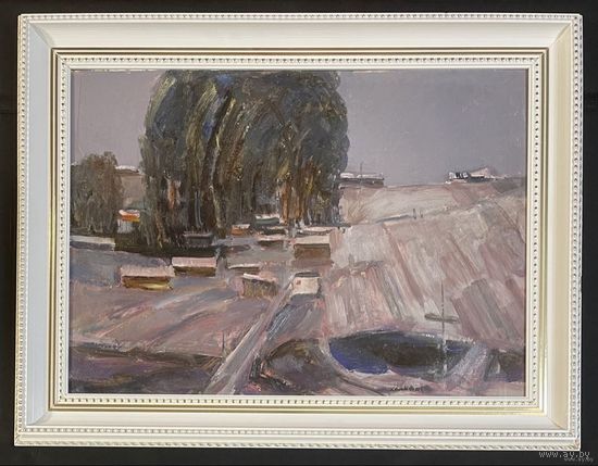 Данциг М.В;85/65,5см."Посёлок", 1967г. Картон, масло. Размер 50х70 см., с родной рамой 85х65,5 см.