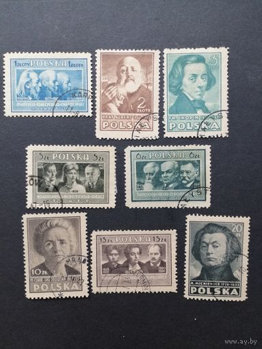 Польша 1947 Полная серия марок "Польская культура" (гашение без клея, следы от наклеек) Mi.455А-462А каталог 2.20 евро