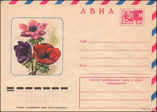 Художественный маркированный конверт СССР N 10727 (11.08.1975) АВИА  Анемоны