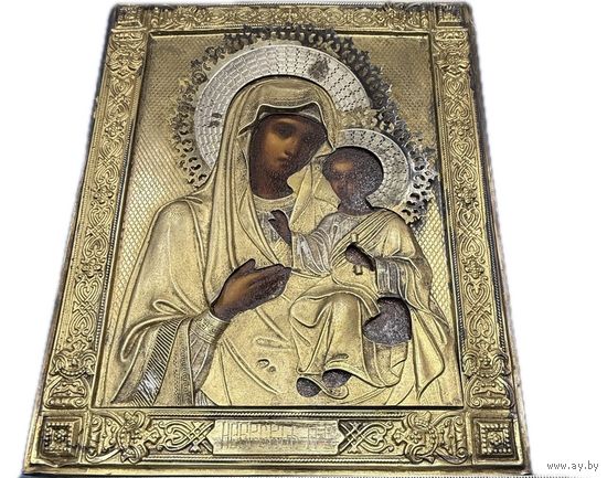 Шедевр!Икона Иверская Пресвятая  Богородица! серебро 84 золочение ! 1893 г  мастер Семён Галкин.Редкость!