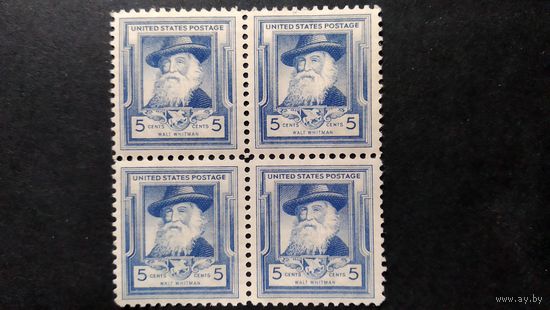 США\а112\1940 скотт 867 Уолт Уитмен америк.поэт MNH кварт. Кц 9.5д