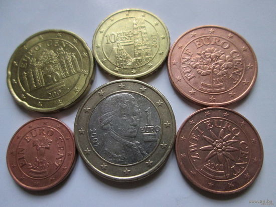 Набор евро монет Австрия 2007 г. (1, 2, 5, 10, 20 евроцентов, 1 евро)