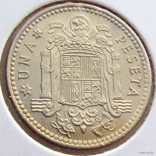 Испания, 1 песета/ peseta 1975 (80) - год чеканки указан на звезде слева от птицы, KM#806, животные, птицы, Хуан Карлос I, состояние Unc