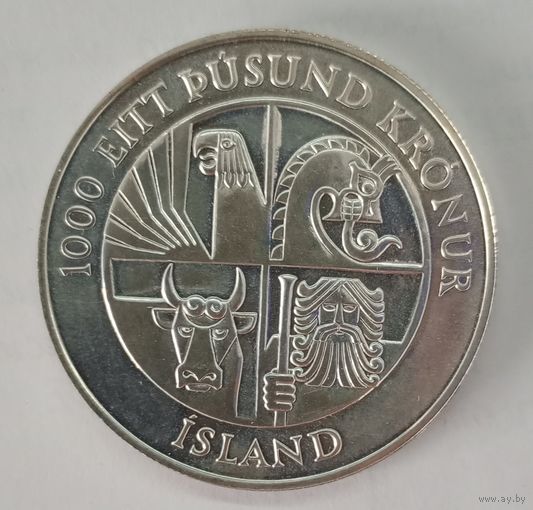 Исландия 1000 крон 1974 год  1100 лет первым поселенцам серебро 0.925 UNC