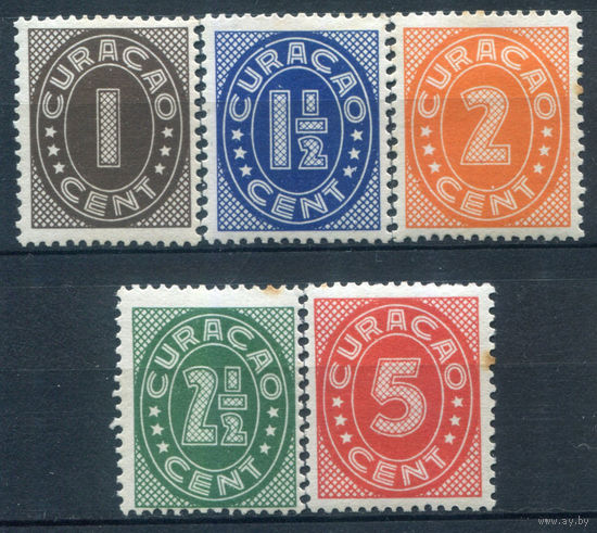 Нидерландские колонии - Кюрасао - 1936/42г. - цифры - 5 марок - полная серия, MNH, 1 марка с отпечатком на клее, 3 с жёлтыми пятнышками на зубчиках перфорации [Mi 143-147]. #3-WB-81-A-1