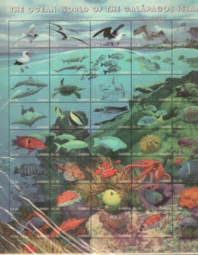 Гамбия-1999(Мих.3296-3334),  ** ,  Морская  Фауна ,Рыбы Раки, Птицы(полная серия), лист (40 марок)