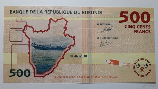 Бурунди, 500 франков 2018 г. Серия АD. UNC.