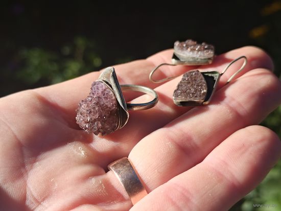 Винтажный комплект серьги и кольцо с натуральным камнем из СССР