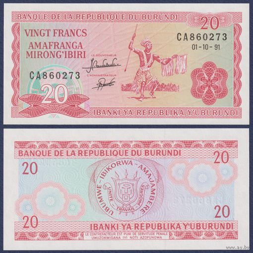 Бурунди, 20 франков 1991 г., P-27c, UNC