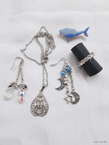 Набор бижутерии 2. Серьги Аврора Бореалис, кулон винтажный 90-х, кольцо с фианитами, брошь