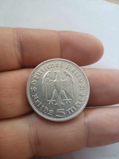 5 марок Гинденбург 1935г. Германия D, серебро 900