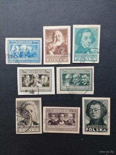 Польша 1947 Полная серия марок "Польская культура" (гашение без клея, следы от наклеек) Mi.455В-462В каталог 4.50 евро
