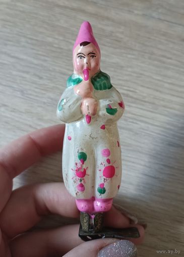 Елочные игрушки, стекло, клоун с дудочкой на прищерке