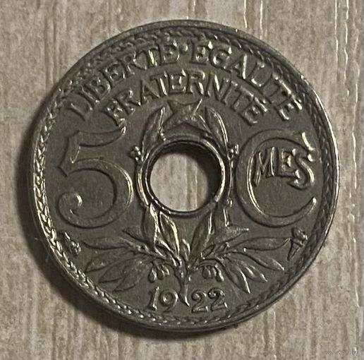 Монета 5 сантимов 1922 год. Франция.