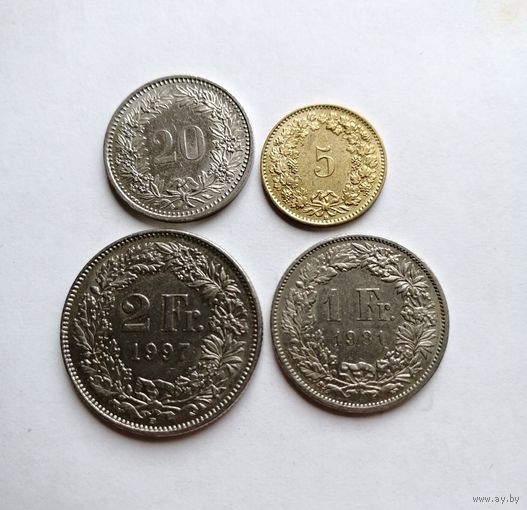 Лот монет. Швейцария. 2 франка 1997.1 франк 1981.20 раппен 1984.5 раппен 2010.