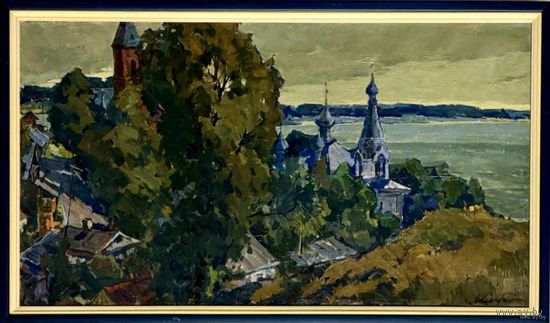 Шибнёв А.Д.метровая кат. работа "Старый Браслав", 1972г. Холст, масло. Размер с рамой 61,5х104 см.