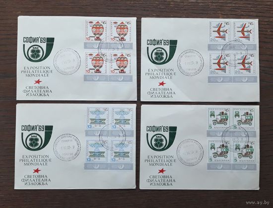 Болгария 1969г. КПД Полная серия марок в квартбл. на 4 конвертах.
